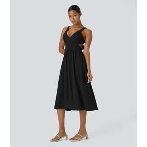 NWT Halara Deep V Neck Sleeveless Tie Back Cut Out Pocket Flowy Dress Black - M